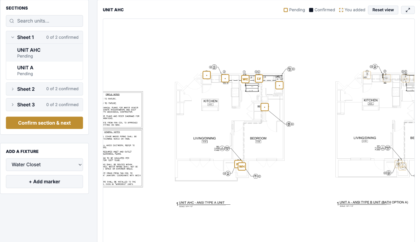 Takeoff review: fixture markers on the plan sheet with the section list on the left